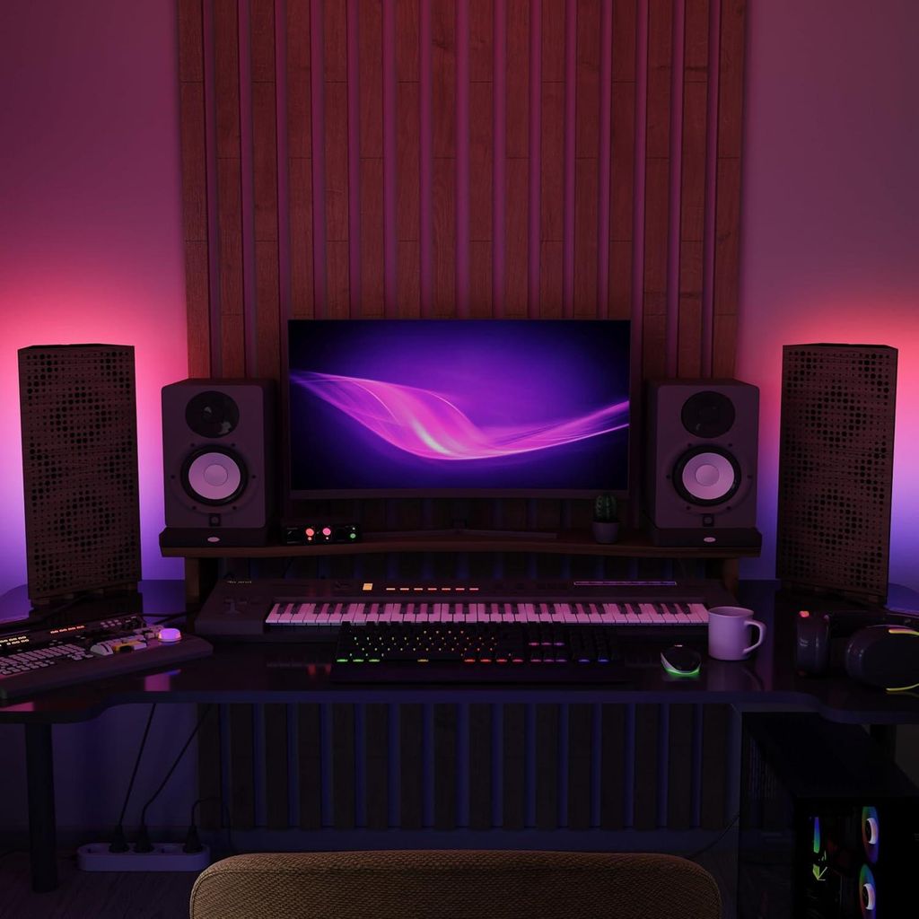 2er-Pack schmale Bassfallen "REBAT" mit RGB-Schreibtischlampe | Mobiler Ständer mit LED-Tischfuß | 23x50x10 cm | Farbe: Nussbaum