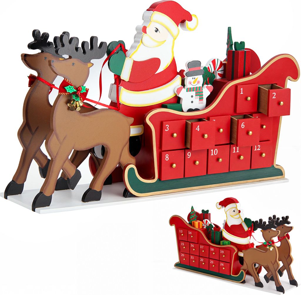 SPIELWERK Wiederverwendbarer Adventskalender Schlitten zum Befüllen 24 Türchen Bunt Bemalt Weihnachten Kinder DIY weihnachtliche Holz Dekoration