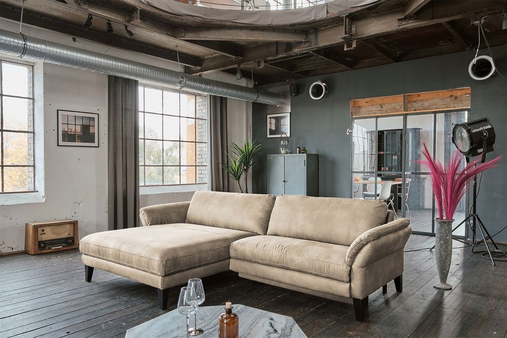 KAWOLA Sofa MALTA Ecksofa Stoff beige mit motorischer Relaxfunktion Recamiere links