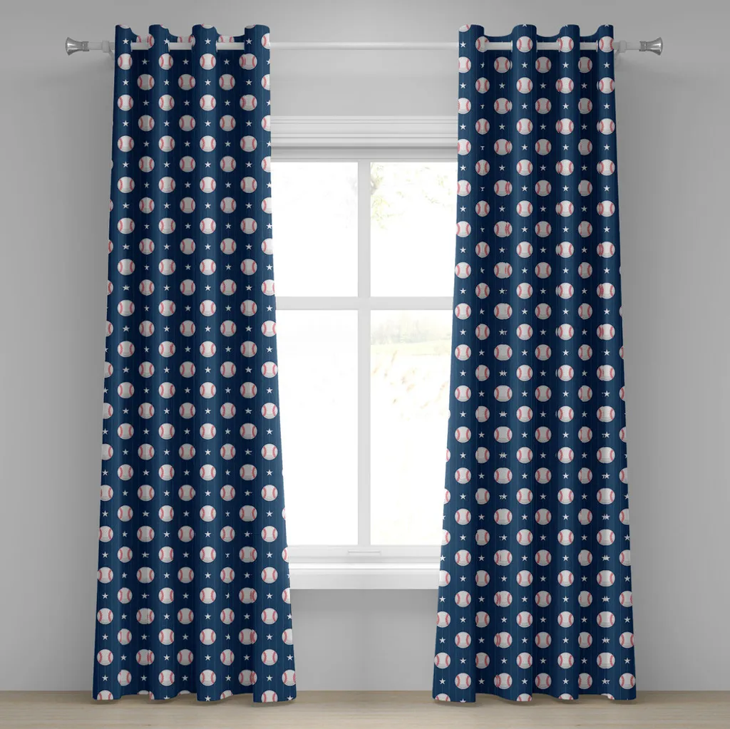 ABAKUHAUS Tenda con occhielli sportiva, motivo a strisce verticali con design artistico, tende decorative a 2 pannelli, 280 cm x 245 cm, blu notte, bianco e rosso