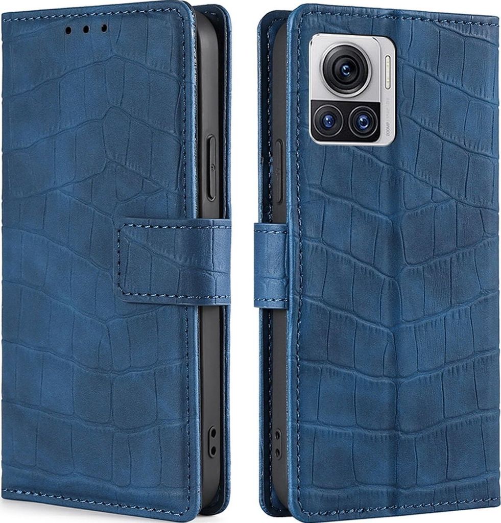 Mobigear Croco Motorola Edge 30 Ultra Hülle Klapphülle Geldbörse - Blau