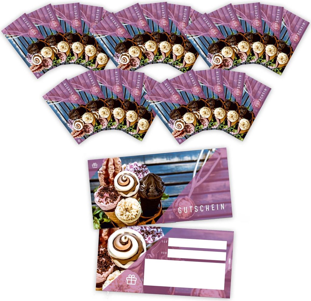 itenga 25x Geschenkgutschein Eis Eiscafé (Motiv 28) Postkarte zum Ausfüllen DIN Lang 21,0 x 10,5 cm