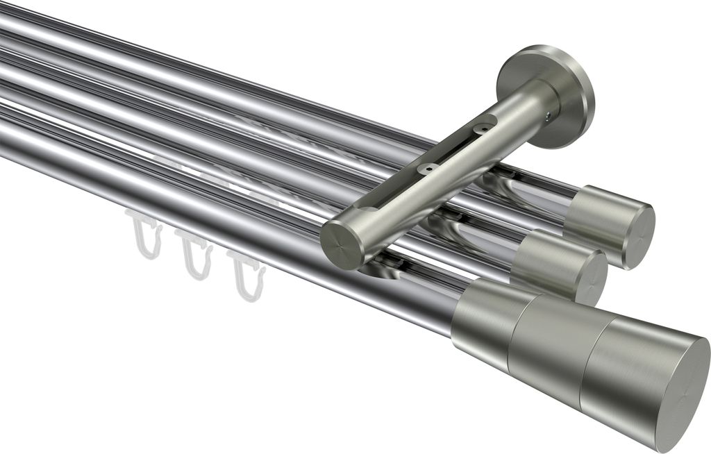 Interdeco Innenlaufstange / Gardinenstange mit Innenlauf Chrom / Edelstahl-Optik, Typ Siteno Tanara (Konus Bicolor), 20 mm Ø 3-läufig, 200 cm