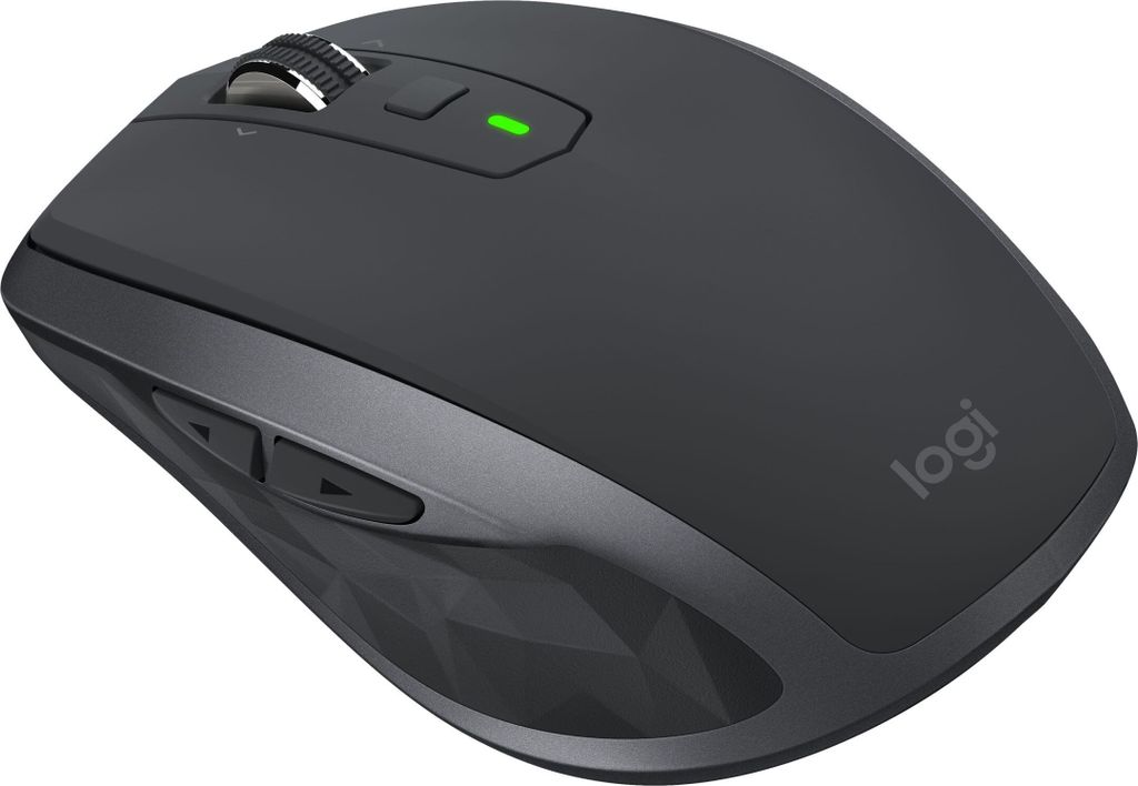 A dark gray Logitech MX Anywhere 2s mouse is shown from a slightly elevated side angle on a white background.