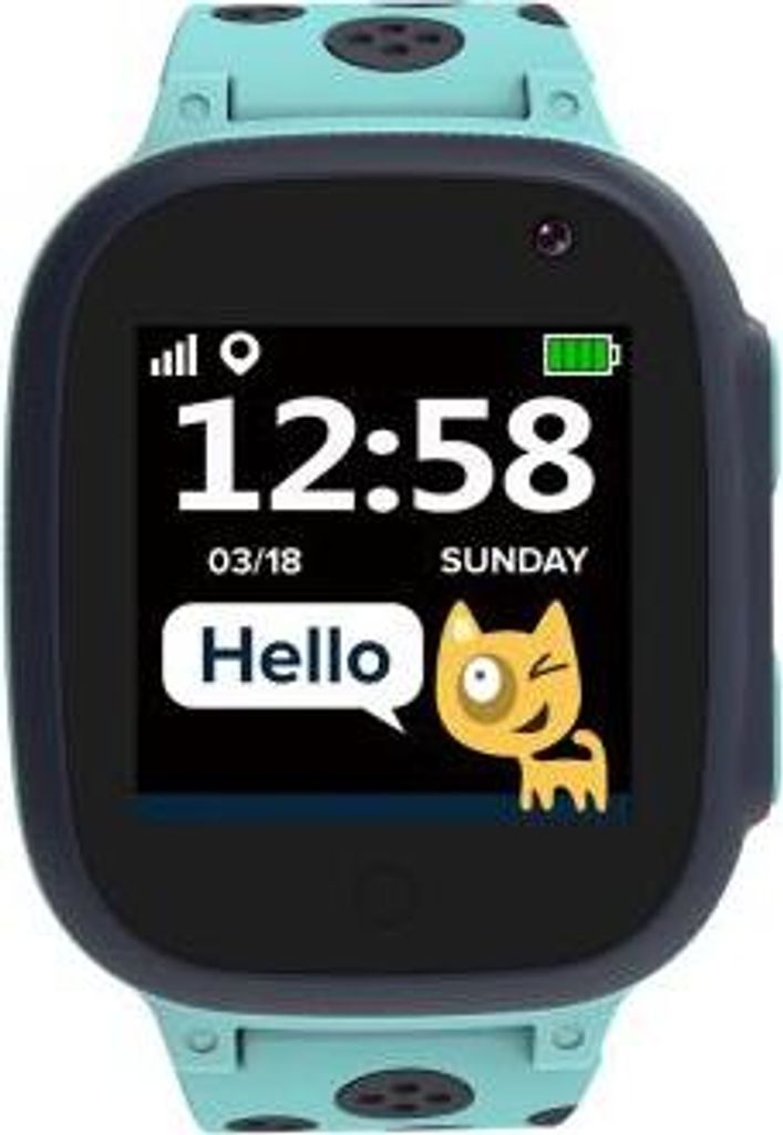 A close-up of a blue smartwatch with a black bezel, displaying the time, date, and a cartoon cat.