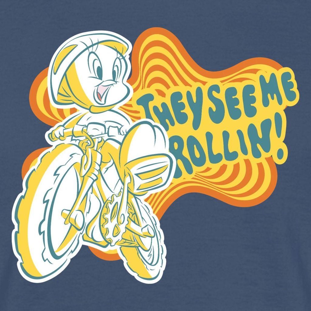 Spreadshirt Looney Tunes They See Me Rollin' Tweety Fahrrad Männer T-Shirt, XL, Dunkles Denimblau