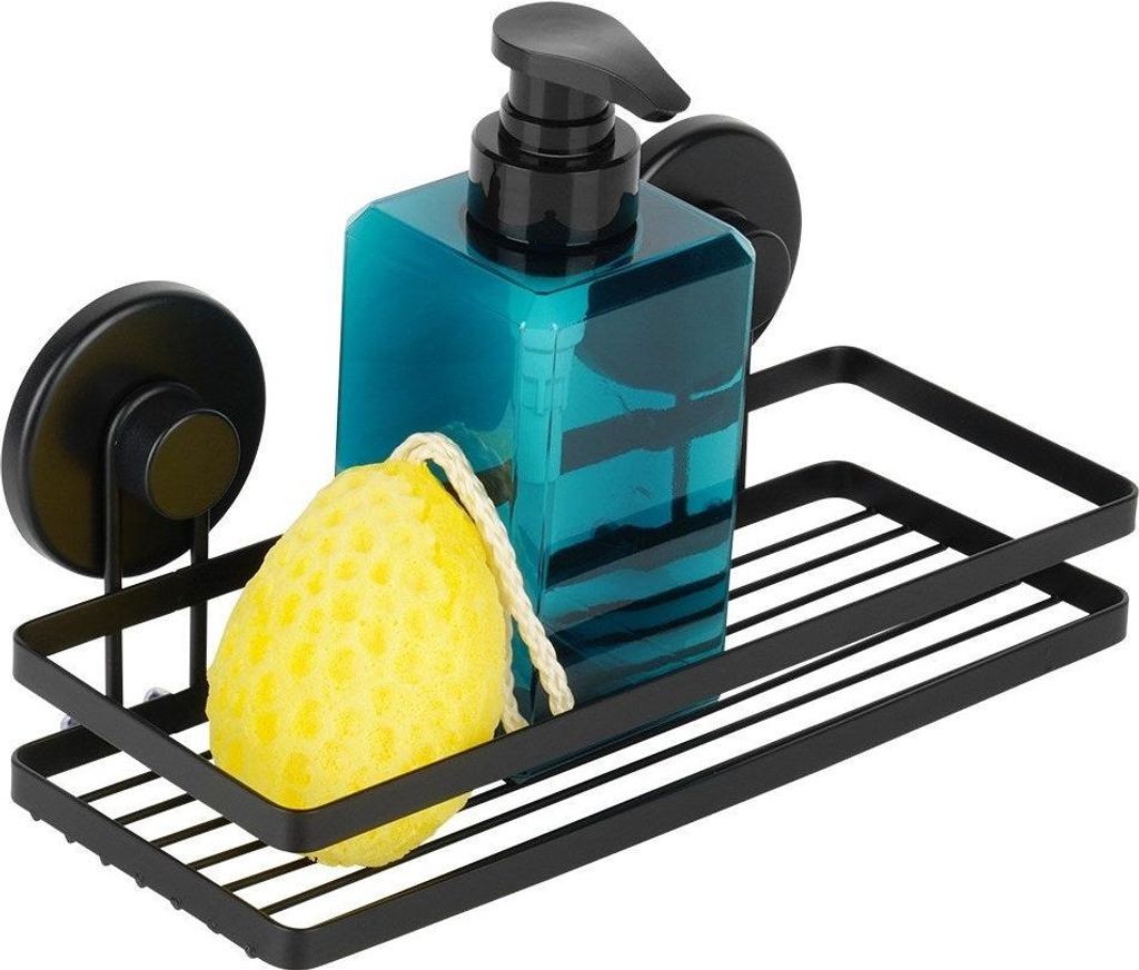 A black metal shower caddy with suction cups, holding a blue soap dispenser and a yellow sponge.