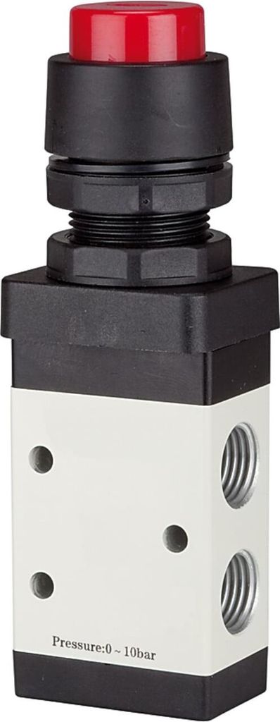 Riegler 3/2-Wegeventil, manuell »M3«, Druckknopf, NC, monost., G 1/8, rot