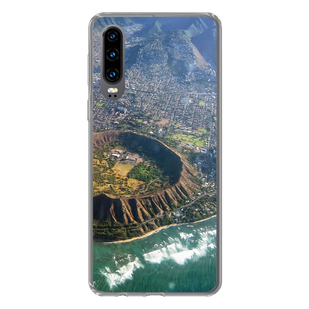 MuchoWow Handyhülle Schutzhülle Hülle für Huawei P30 Ein Luftbild von Honolulu und einem erloschenen Krater auf Hawaii Silikon Softcase Handy...
