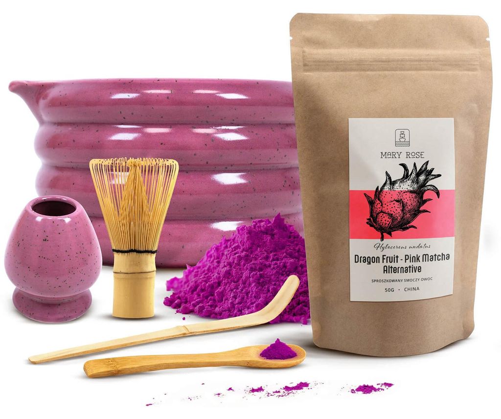 Mary Rose - Pink Matcha Set Drachenfrucht Pulver 50g - Keramik Schale Beri 500ml mit Ausguss Lila - Bambus Zubehör- Besen, Löffel & Halter