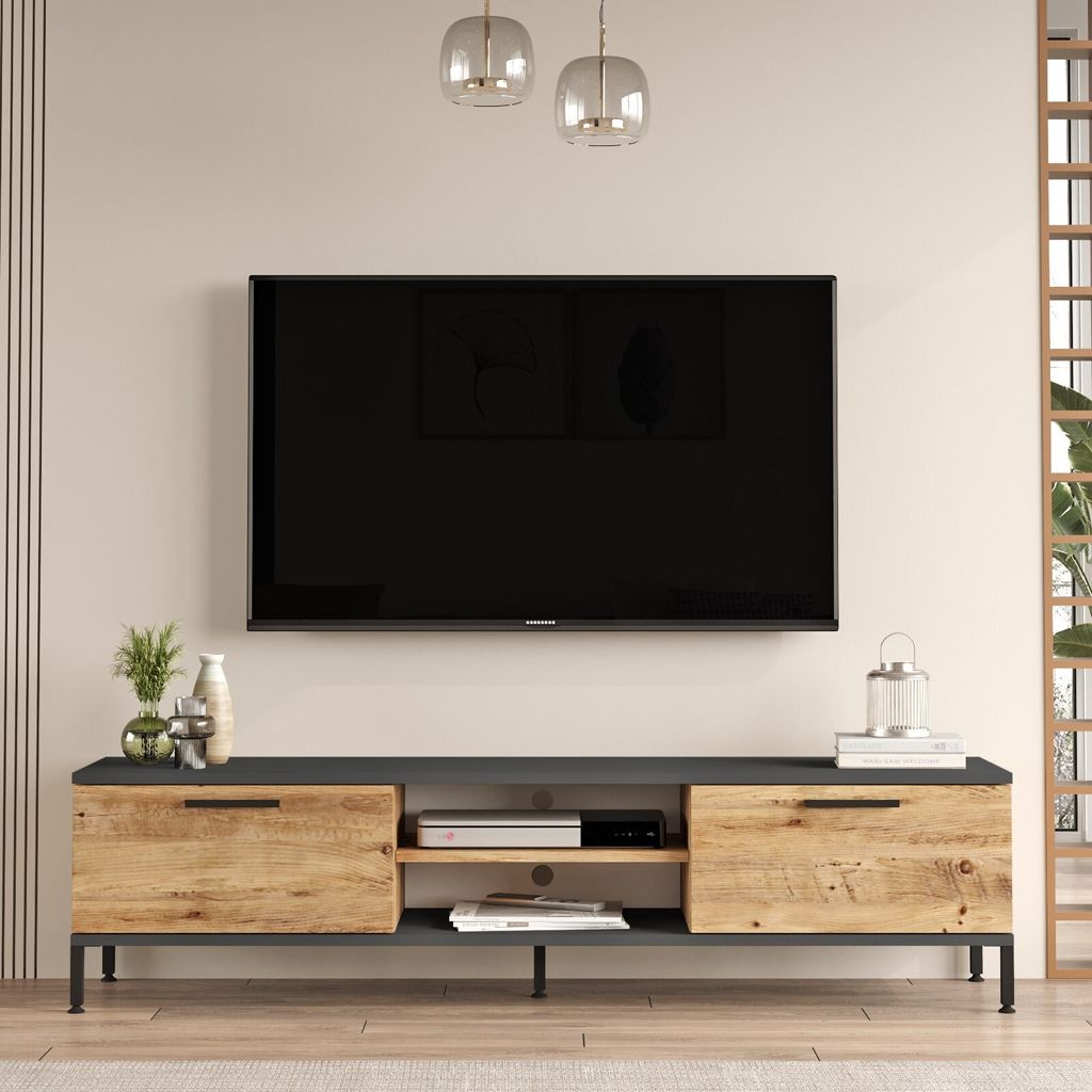 Skye Decor, Moderne TV-Einheit, 160 cm, 39,1 cm hoch, 35 cm tief | 100% melaminbeschichtete Spanplatte, 18 mm dick | Atlantic Pine & Anthrazit, sti...