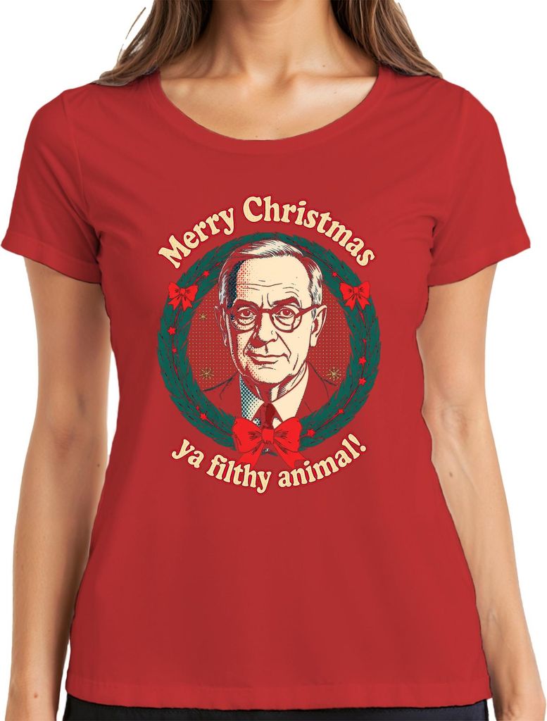 Merry Christmas ya filthy animal! Weihnachtskranz Retro Filmzitat Damen T-Shirt, Rot, S