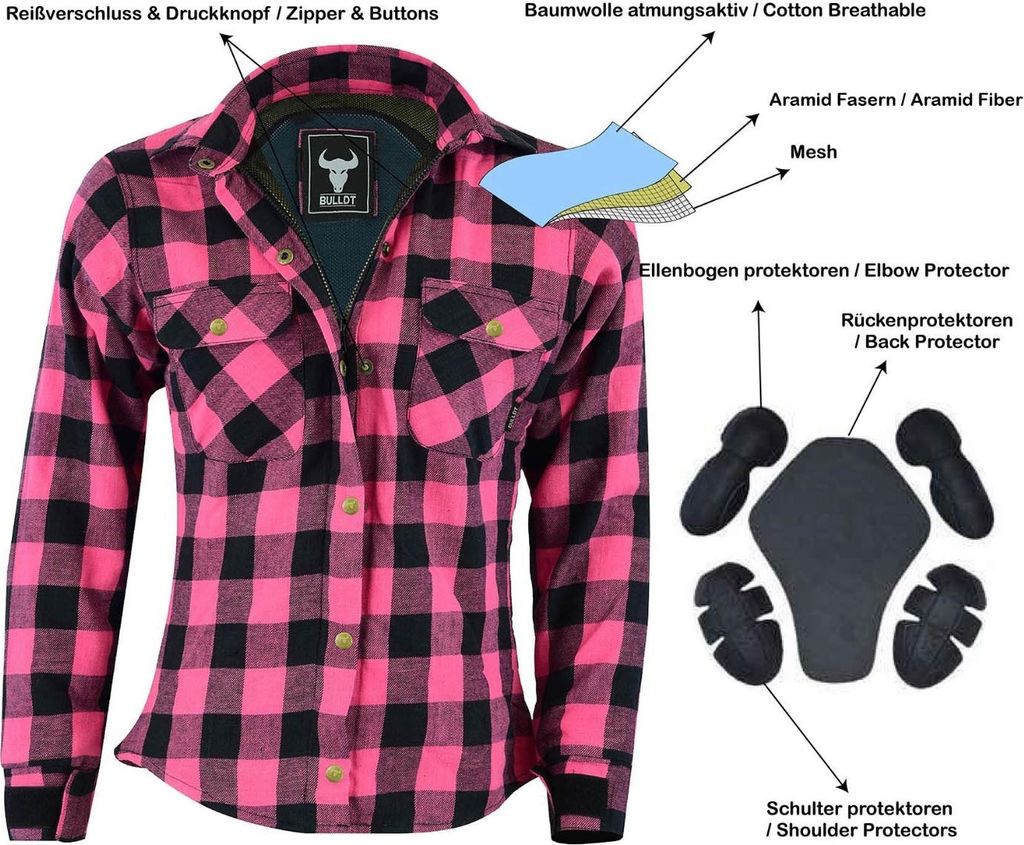 Damen Motorradhemd Lumberjack Holzfäller Hemd mit Protektoren, Farbe:Rosa, Größe:36/S
