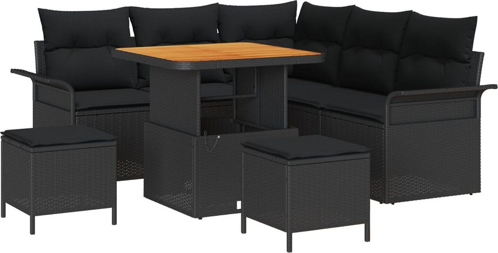 8-teiliges Gartensofa-Set mit Kissen Schwarz Poly Rattan Akazie, 2-Sitzer Gartensofa mit Stauraum & Kissen Schwarz Poly Rattan, 3-teiliges Garten E...