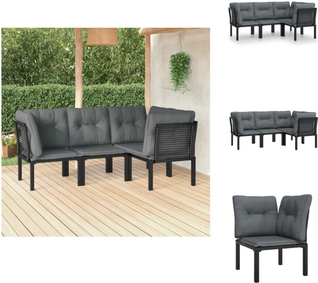 Mobilier de Jardin Design Polyrotin Noir 4 Places avec Coussins Gris