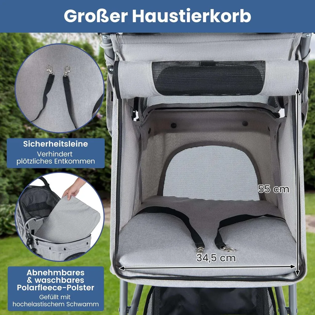 Poussette pour animaux pliable grise, capote ajustable et roues 360° - 4