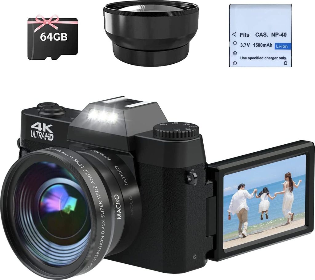 Digitalkamera 4K, 48MP 16X Autofokus Digitalzoom Fotokamera, 3 Zoll 180° Flip LCD Screen HDMI Kompakte Vlog Kamera ,WLAN, 1500 mAh Akkus, 32GB Karte