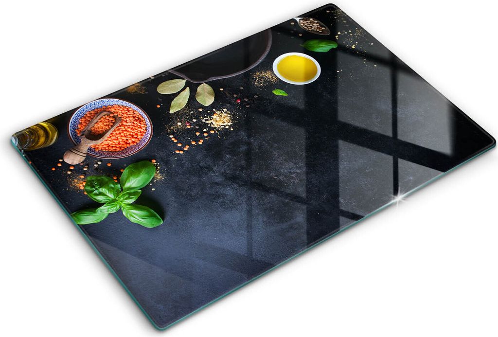 Glasschneideplatte - Herdabdeckplatte - 80x52 cm -Schneidebrett - Spritzschutz -Gewürze mit Gewürzen
