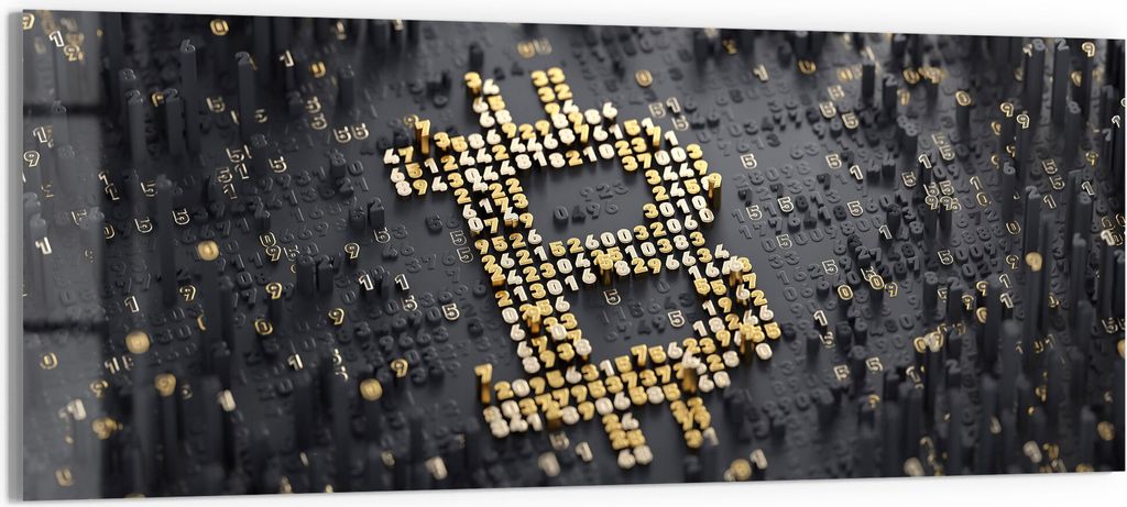 DEQORI Glasbild Echtglas 125x50 cm 'Bitcoin Währungszeichen' Wandbild Bild modern Deko