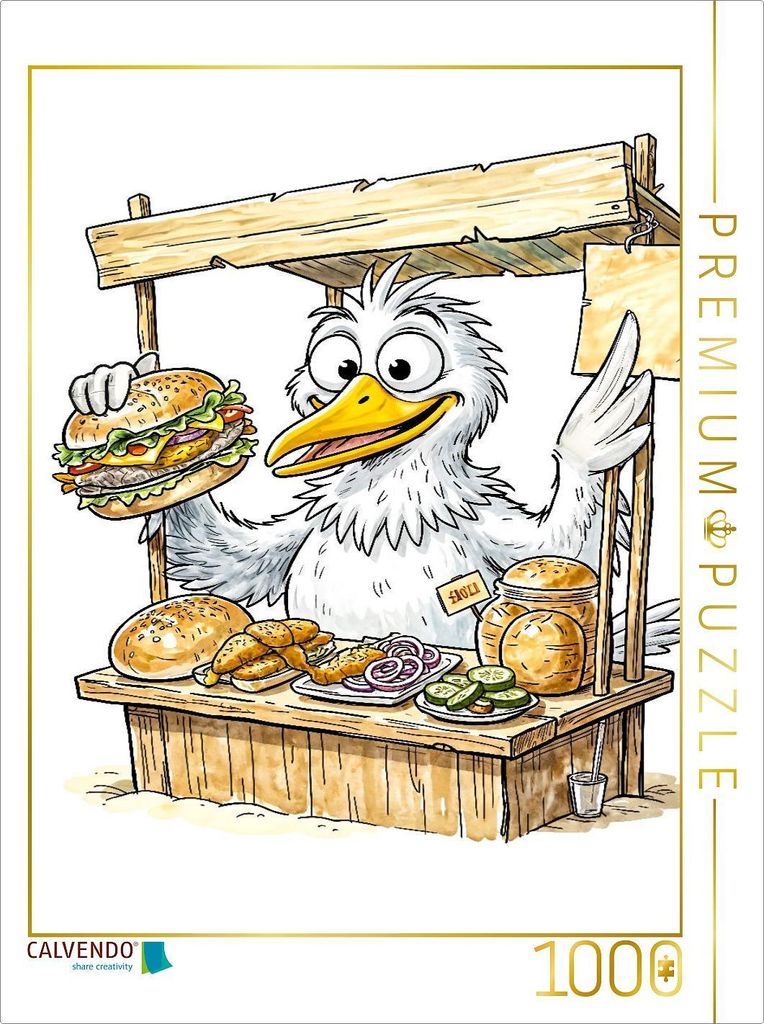 CALVENDO Puzzle Comic‐Möwe am Fischbrötchenstand an der Küste | 1000 Teile Lege-Größe 64x48cm Foto-Puzzle für glückliche Stunden