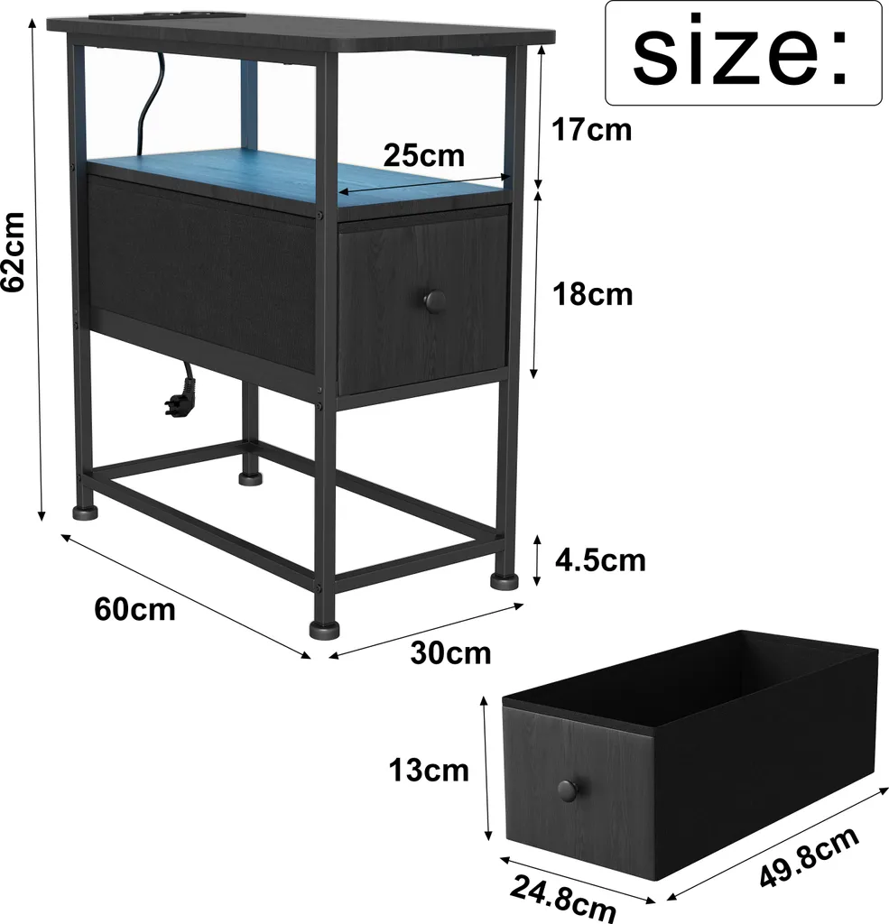 Table de chevet LED noire moderne avec tiroir et station de charge EU - 5