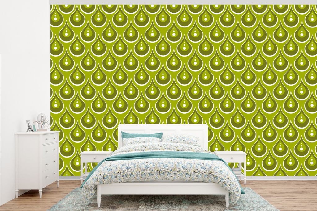MuchoWow Fototapete für Wohnzimmer oder Schlafzimmer Wandtapete Vinyl Motivtapete Muster - Retro - Regen - Tropfen - Grün - 345x220 cm - Wohnzi...