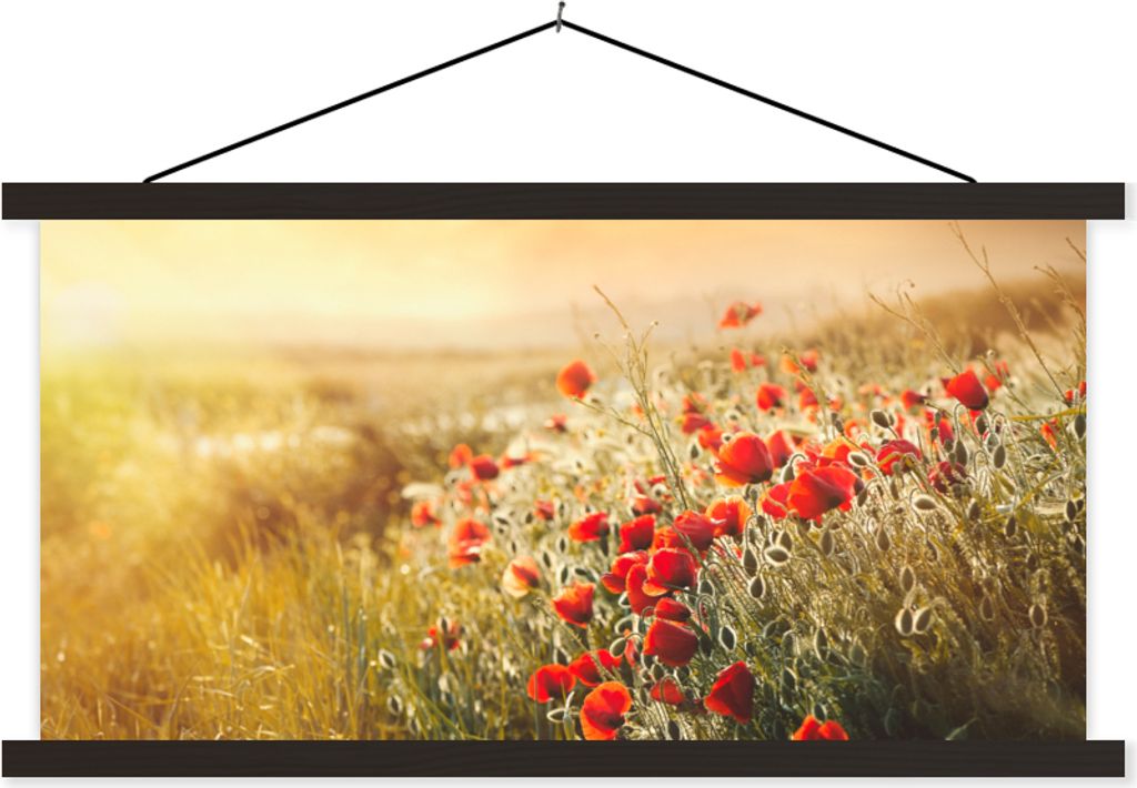 MuchoWow Textilposter Sonnenstrahlen über einem Mohnblumenstrauß 60x30 cm mit schwarzem Rahmen - Textilien