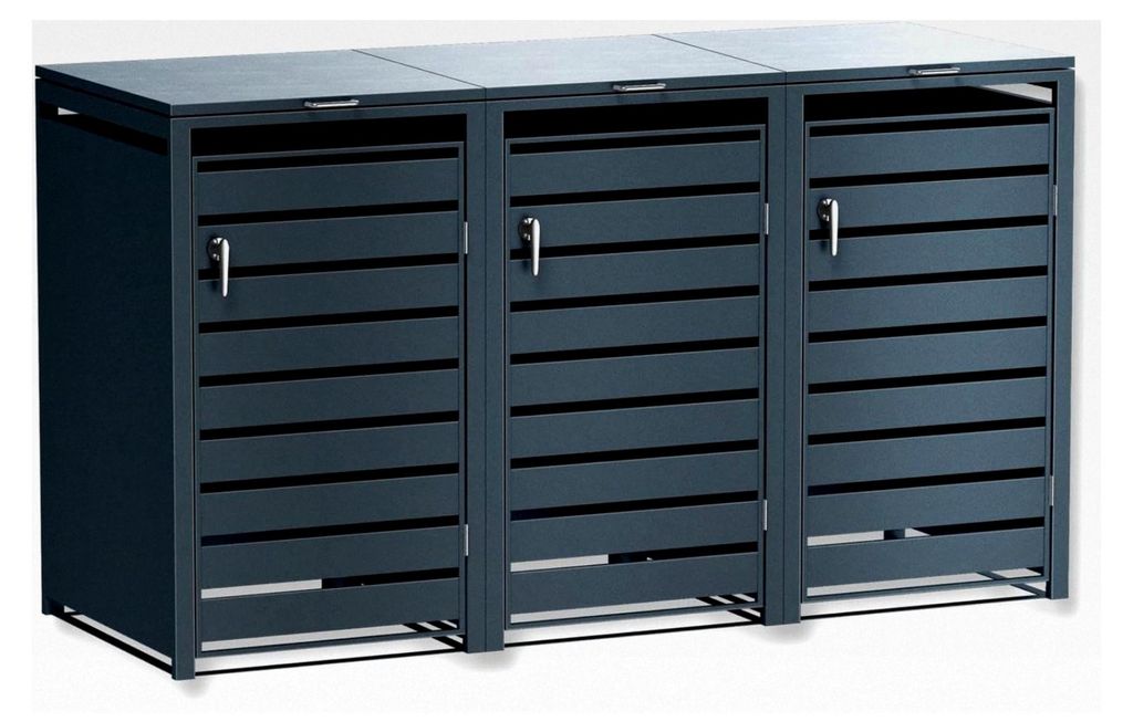 Mülltonnenbox in Anthrazit mit Sichtstreifen für 3 Tonnen, witterungsbeständiger und pulverbeschichteter Stahl, Automatikdeckel, abschließbar, ...