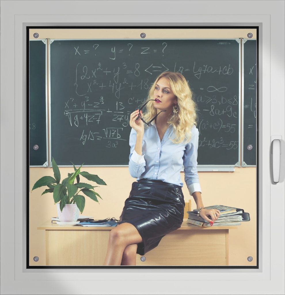 Wallario Lichtschutzbild, Dekorativer Sichtschutz Sonnenschutz 96 x 100 cm mit Motiv: Sexy blonde Lehrerin in Schule vor Tafel mit langen Beinen un...