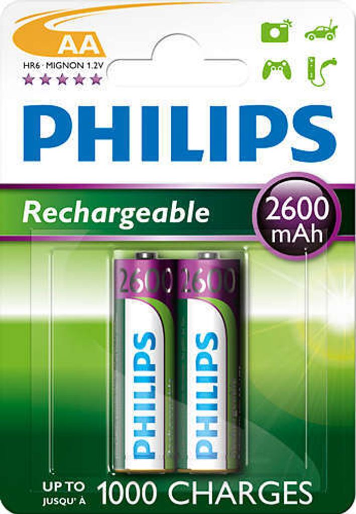 A retail package of Philips rechargeable AA batteries.