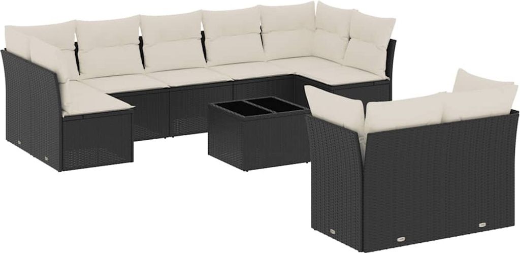 vidaXL 10-tlg. Garten-Sofagarnitur mit Kissen Schwarz Poly Rattan