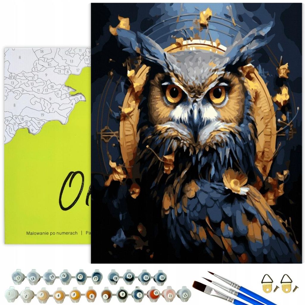 Oh Art! Malen nach Zahlen Tiere – Uhu Eule 50x40 cm mit Rahmen & goldener Farbe für Erwachsene inkl. Pinsel, Acrylfarben & Zubehör