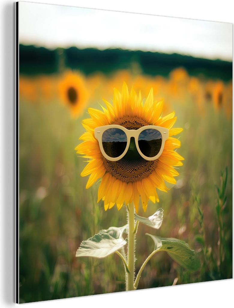 MuchoWow Wanddekoration Metall Metallbild Wandkunst 50x50 cm Sonnenblume - Feld - Sonnenbrille MuchoWow Aluminium Gemälde - Alubild - Industrial