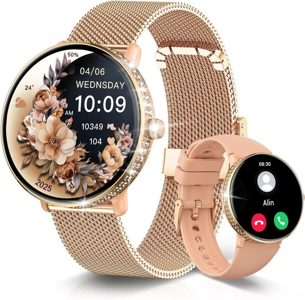Smartwatch Damen Anrufe Annehmen/Tätigen, IP68 Fitness-Tracker mit Schlaf-Herzfrequenz-SpO2-Blutdruckmessung, Fitnessuhr Kompatibel mit iOS Android