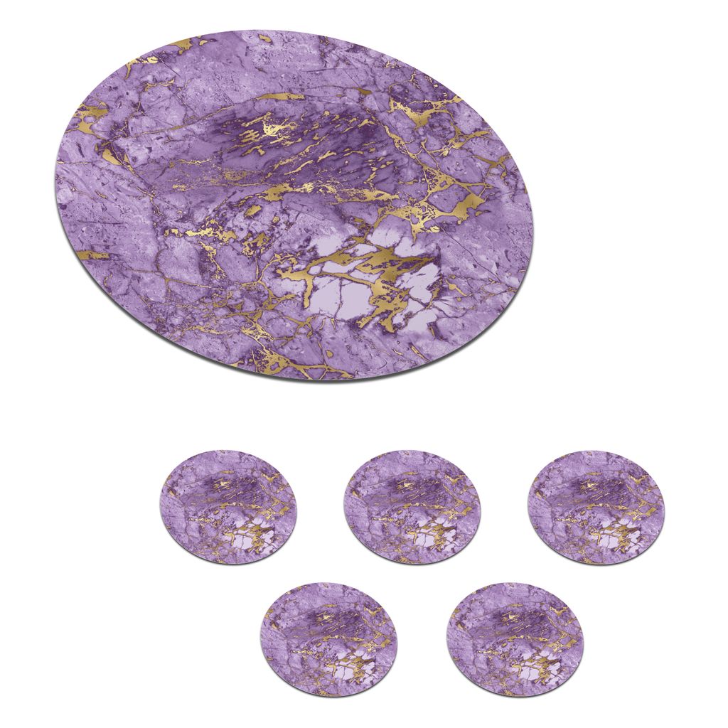 KitchenYeah Glasuntersetzer Rund 6er Set Marmor - Muster - Lila - Gold 10x10 cm Untersetzer für Gläser - Getränkeuntersetzer - Tischplattensc...