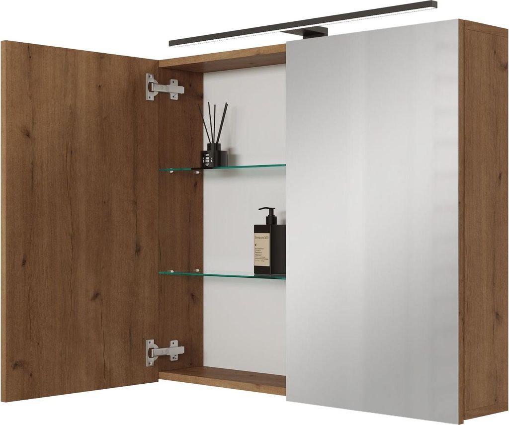 Planetmöbel ARIA Spiegelschrank für das Bad 80 cm mit Beleuchtung und Steckdose Gold Eiche