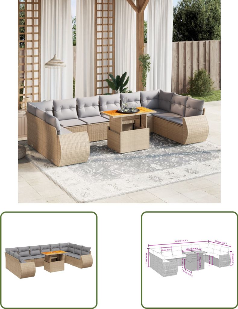 The Living Store 11-tlg. Garten-Sofagarnitur mit Kissen Beige Poly Rattan