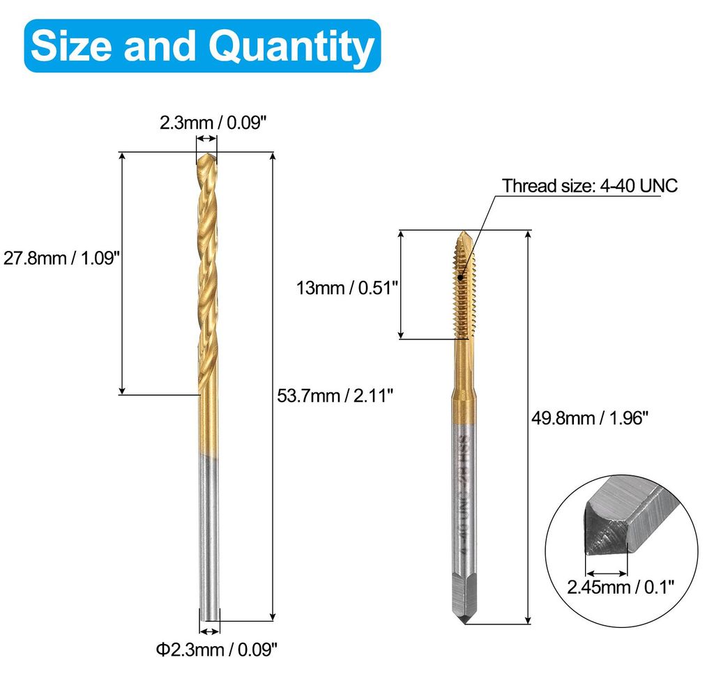 Gewindebohrer und BohrerSet, 4-40 UNC Spiral Point Gewindeschraube Gewindebohrer & 2,3 mm Spiralbohrer, Titanbeschichtetes HSS 6542 Gewindeschneidw...