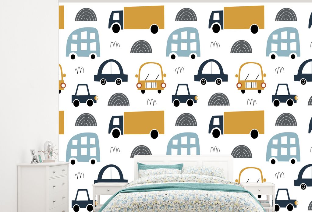 MuchoWow Fototapete für Wohnzimmer oder Schlafzimmer Wandtapete Vinyl Motivtapete Muster - Jungen - Auto - Kind - 325x260 cm - Tapete