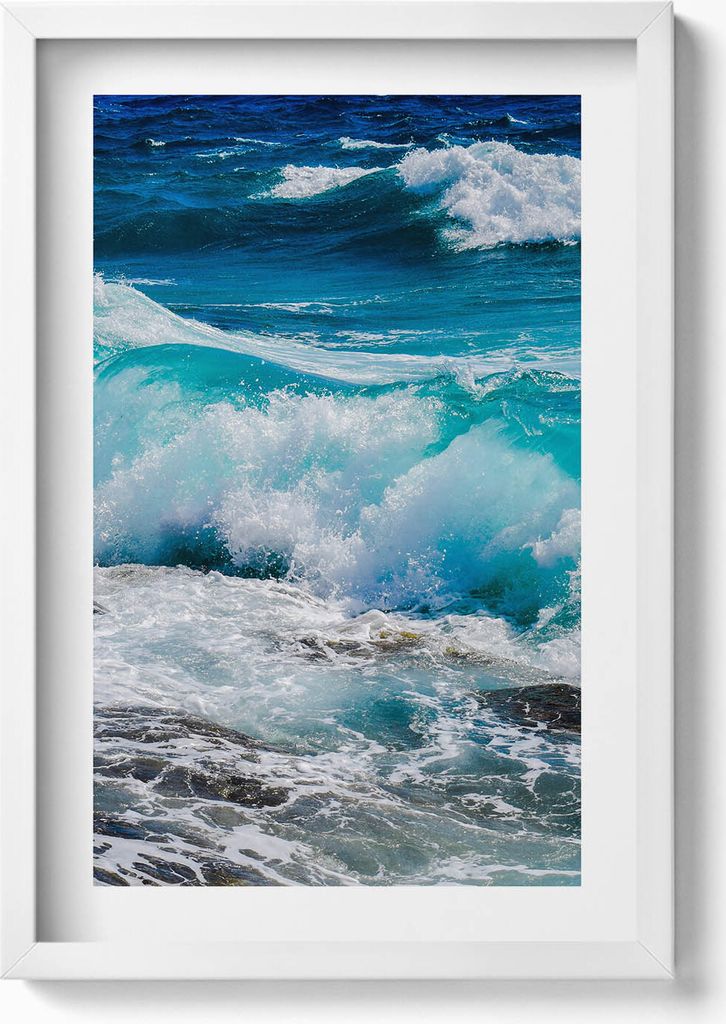 Meeresblaue Wasserwellen– Wandbild mit Rahmen – Gerahmtes Bild – Wanddekoration – 40x60 cm – Weiß