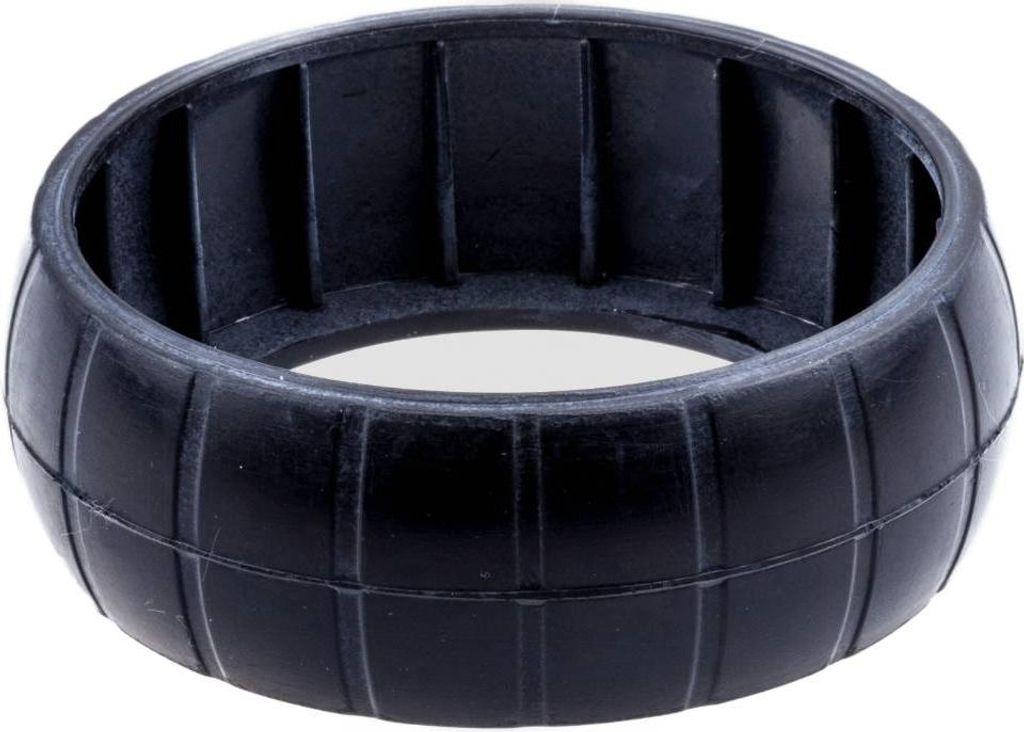 A black rubber wheel tread for a robotic lawnmower.