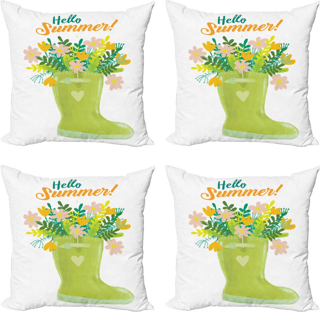 ABAKUHAUS Hallo Sommer Kissenbezug Set (4 Stück), Grünton Garten Stiefel, Moderner Doppelseitiger Digitaldruck, 40 cm x 40 cm, Mehrfarbig