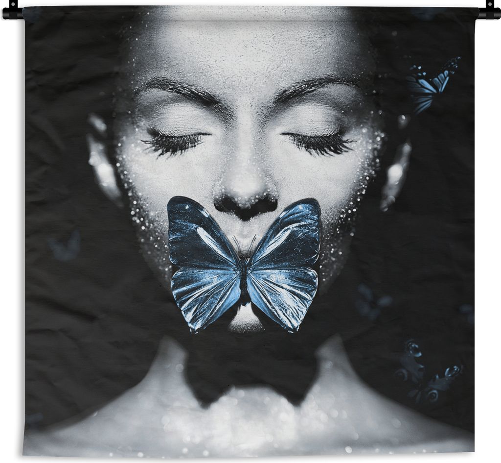 MuchoWow Wandteppich Wandbehang Frau - Schmetterling - Schwarz - Weiß 120x120 cm Tapisserie Dekoration Wandtuch - Modern - Baumwollgewebe