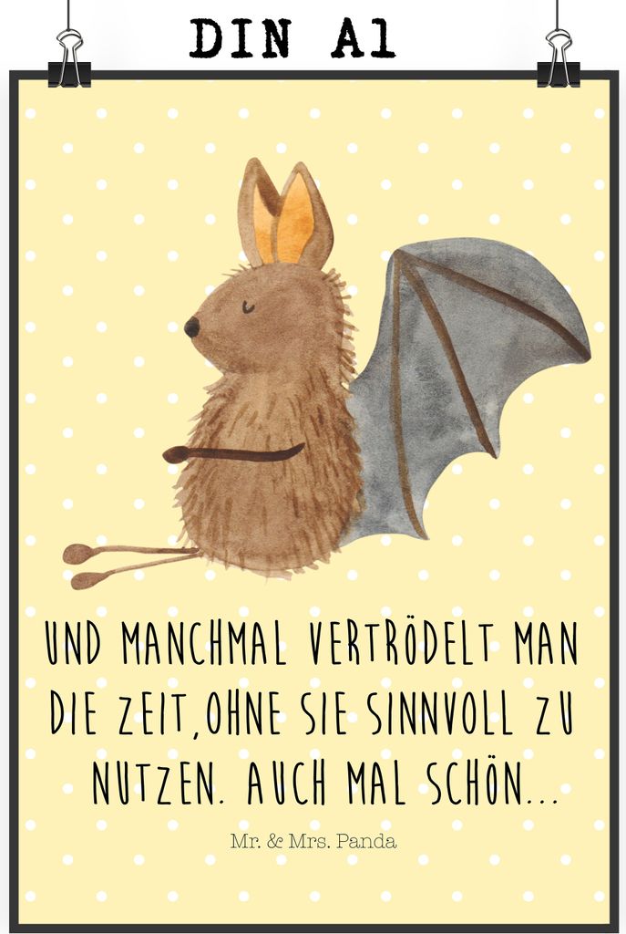 Mr. & Mrs. Panda Bild Fledermaus Sitzen DIN A1 - Gelb Pastell - Geschenk, Lustige Sprüche, Wandbild, Entspannen, Wanddekoration, Fledermäuse, Mot...