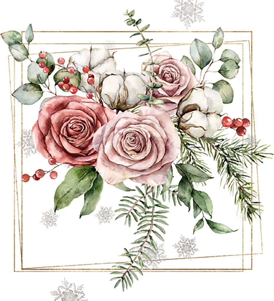 Servietten Papier 33x33cm Winterstrauß Rosen 20 Stück Weiß / Rosa