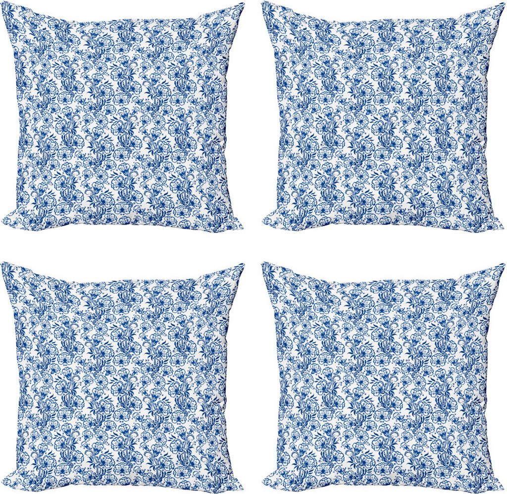 ABAKUHAUS Blau Kissenbezug Set (4 Stück), Russisch Gzhel Stil Flora, Moderner Doppelseitiger Digitaldruck, 45 cm x 45 cm, Kobalt-Blau-Weiß