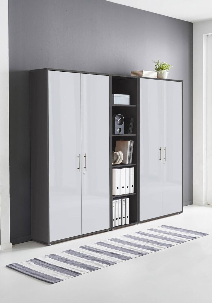 Aktenschrank TABOR 10 in anthrazit / weiß Hochglanz, Schrankwand, Büroschrank, abschließbar, Metallgriffe