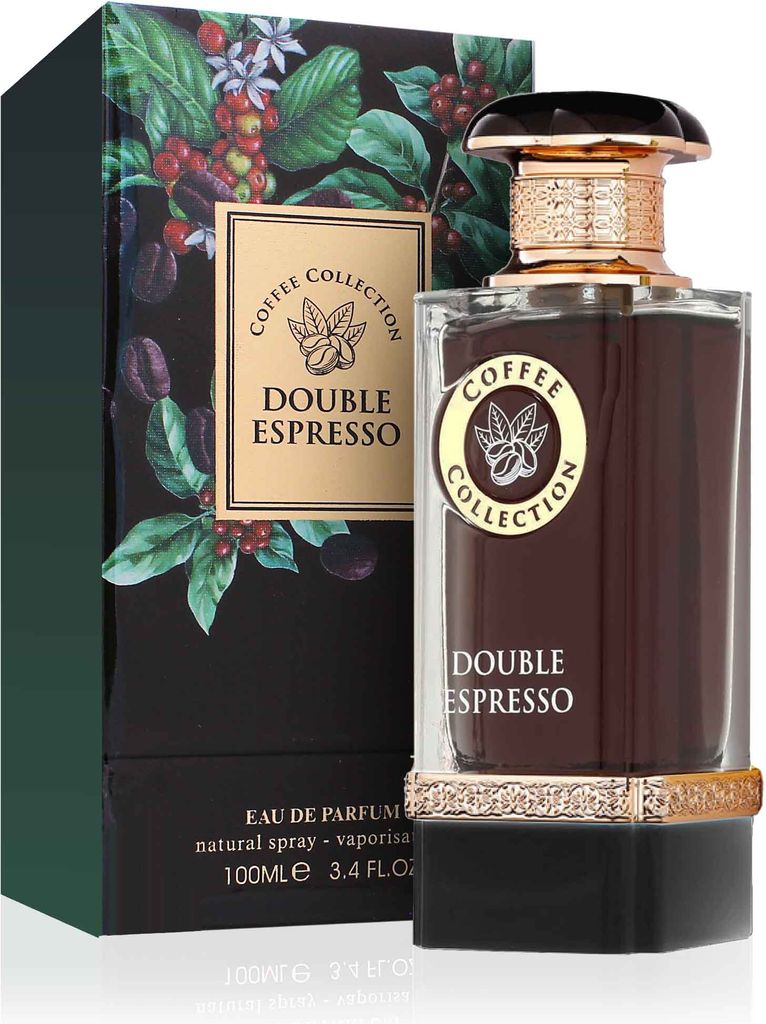 A bottle of "Double Espresso" Eau de Parfum and its packaging are displayed.