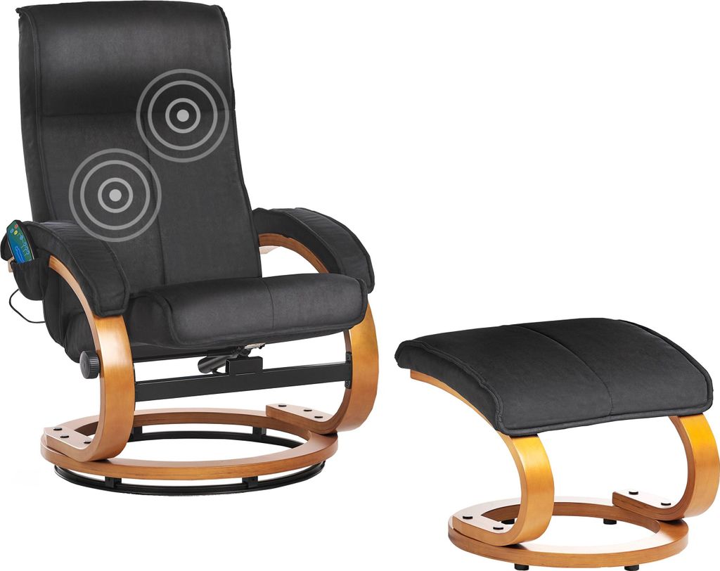 BELIANI Massagesessel Schwarz Stoffbezug mit Fußhocker Heizfunktion Liegeoption Timer Drehbar Holzbeine Büro Arbeitszimmer Drehsessel Fernsehsessel