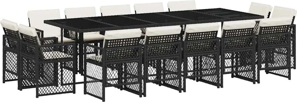 vidaXL 15-tlg. Garten-Essgruppe mit Kissen Schwarz Poly Rattan